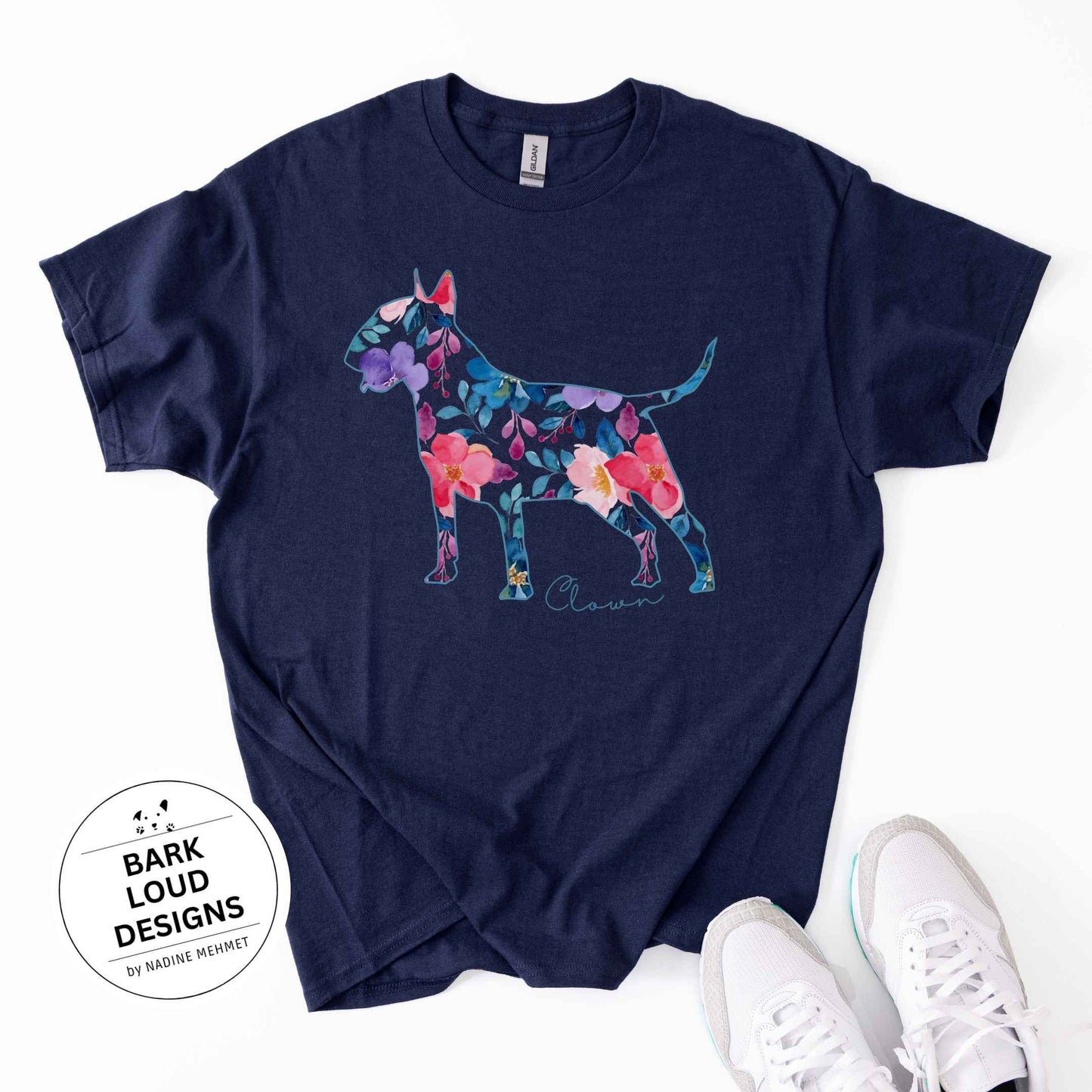Blumiges Bullterrier T-Shirt personalisiert - mit Wunschtext