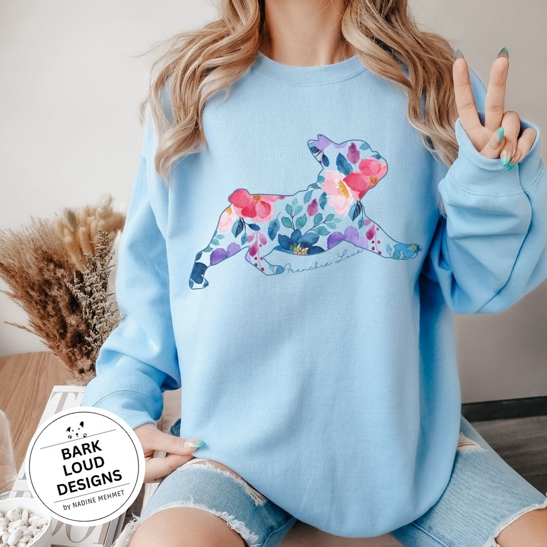 Blumiger Französische Bulldogge Pullover personalisiert - mit Wunschtext