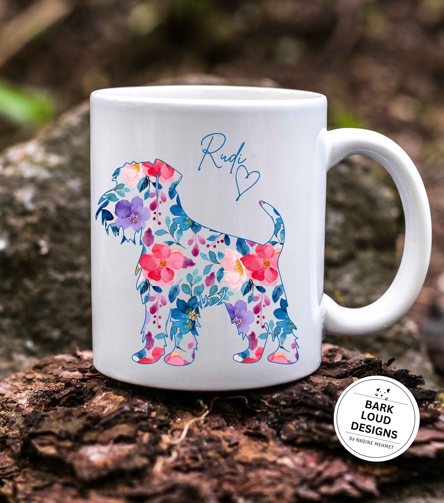 Blumige Schnauzer Tasse personalisiert - mit Wunschtext