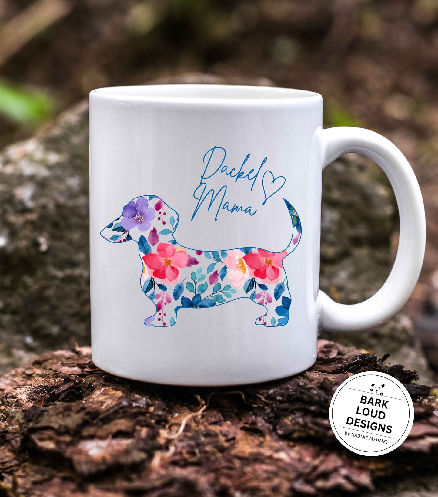 Blumige Dackel Tasse personalisiert - mit Wunschtext
