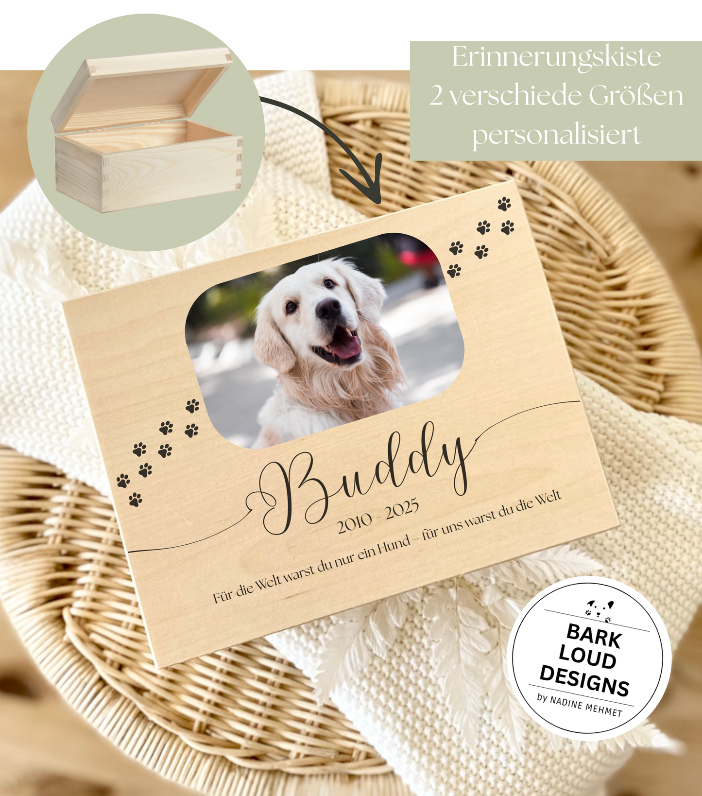 Erinnerungskiste Hund - Trauer Geschenk - Single Foto Paws
