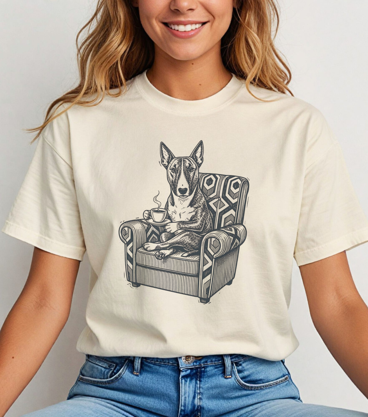 T-Shirt Bullterrier mit Kaffee - Vintage aus Biobaumwolle