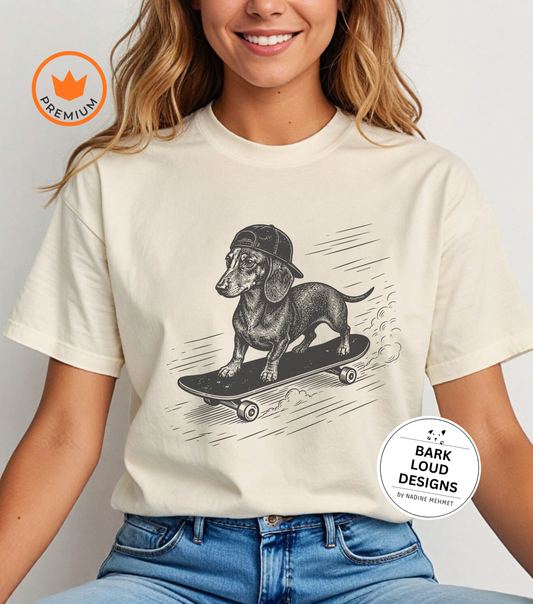 T-Shirt Dackel mit Skateboard - Vintage aus Biobaumwolle