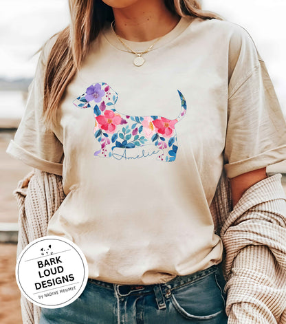 Blumiges Dackel T-Shirt personalisiert - mit Wunschtext