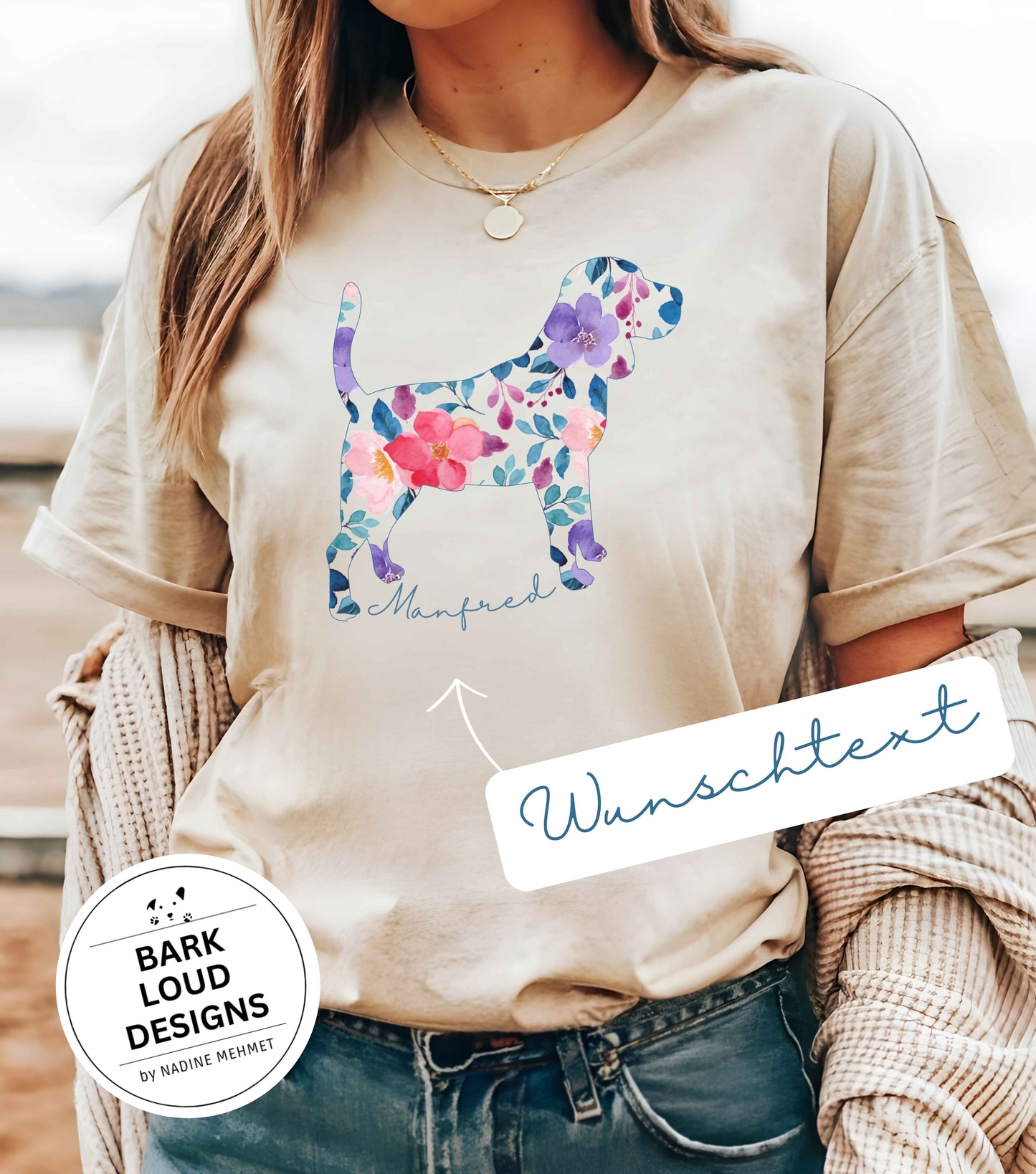 Blumiges Beagle T-Shirt personalisiert - mit Wunschtext