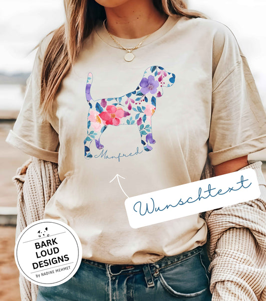 Blumiges Beagle T-Shirt personalisiert - mit Wunschtext