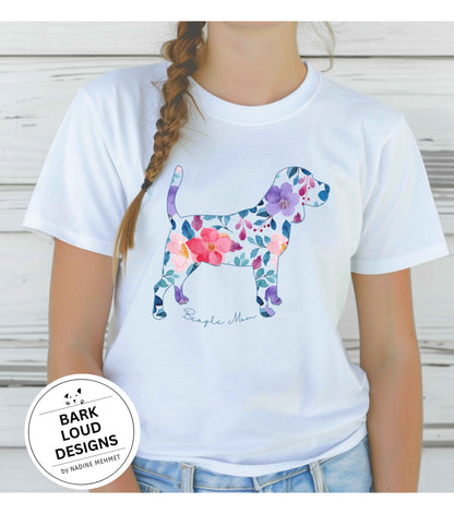 Blumiges Beagle T-Shirt personalisiert - mit Wunschtext