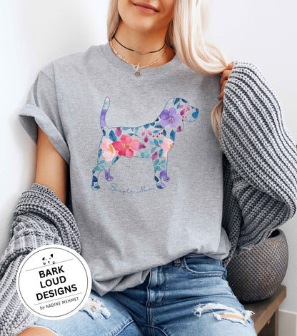 Blumiges Beagle T-Shirt personalisiert - mit Wunschtext