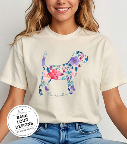 Blumiges Beagle T-Shirt personalisiert - mit Wunschtext
