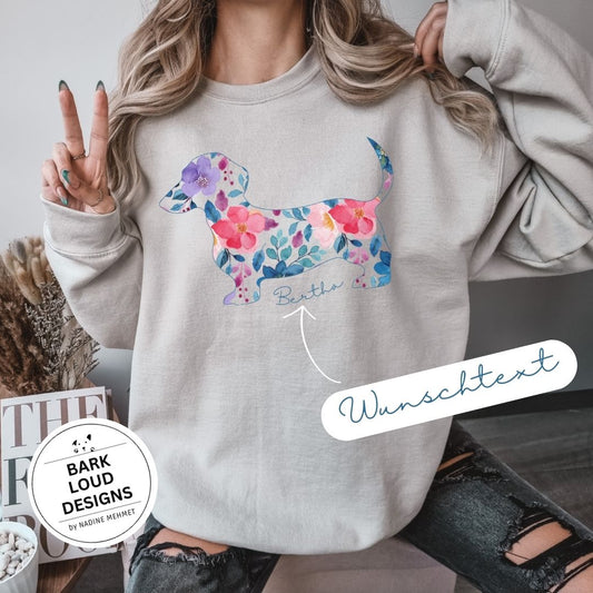 Blumiger Dackel Pullover personalisiert - mit Wunschtext