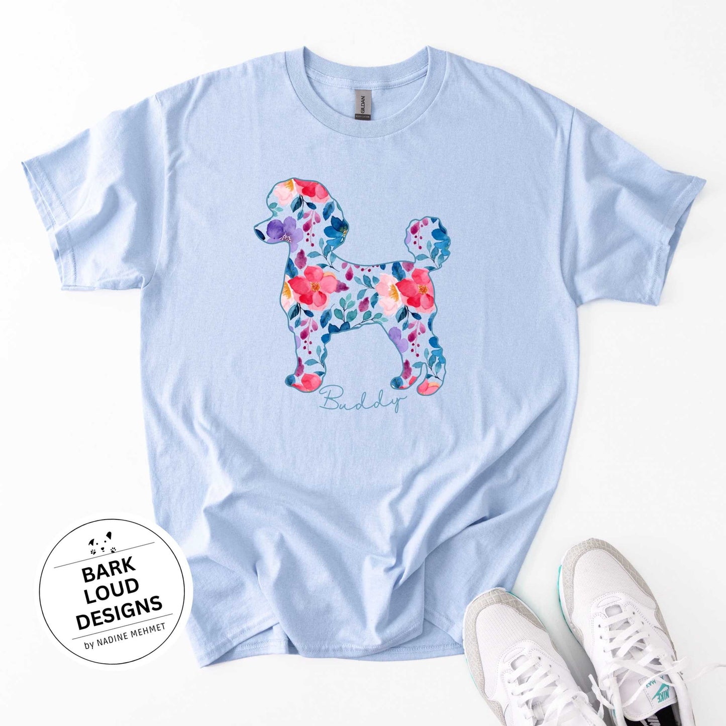 Blumiges Pudel T-Shirt personalisiert - mit Wunschtext