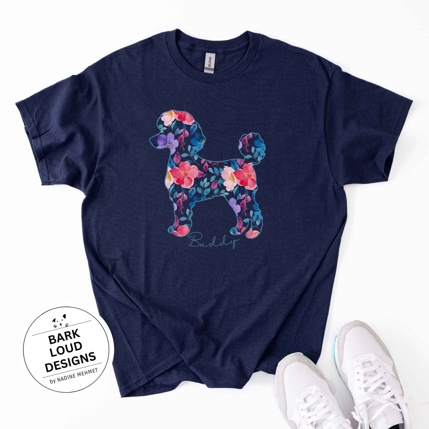 Blumiges Pudel T-Shirt personalisiert - mit Wunschtext