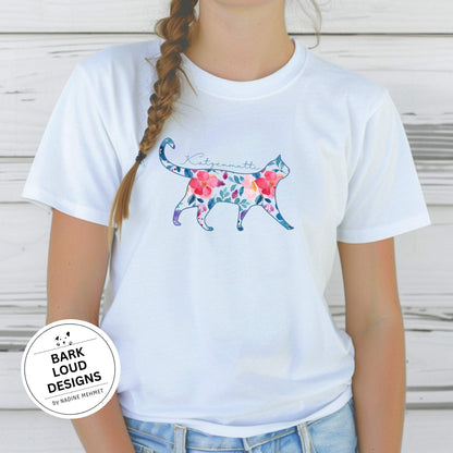 Blumiges Katzen T-Shirt personalisiert - mit Wunschtext