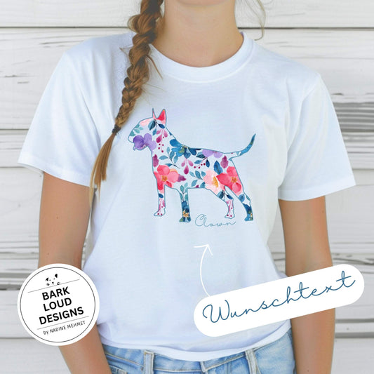 Blumiges Bullterrier T-Shirt personalisiert - mit Wunschtext