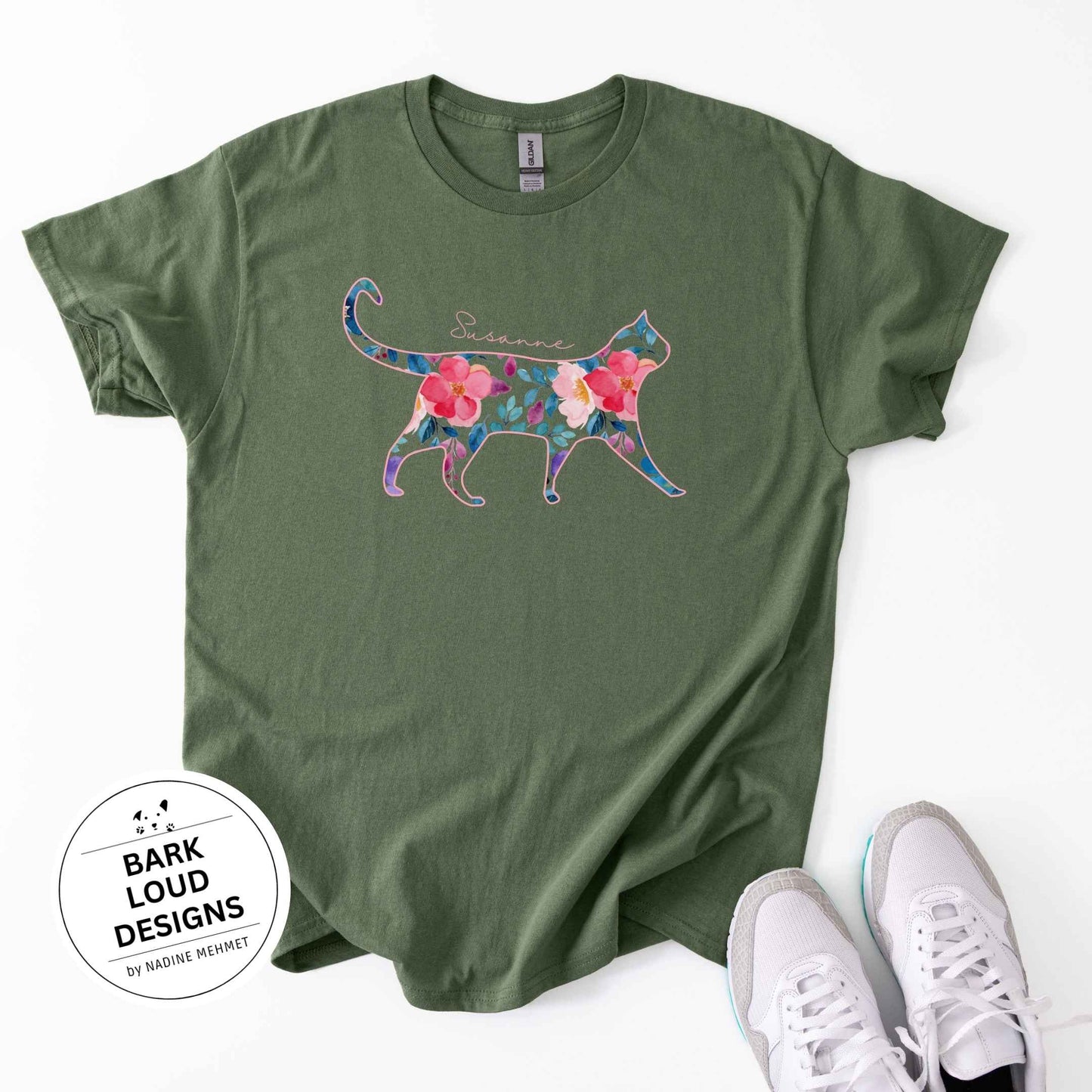 Blumiges Katzen T-Shirt personalisiert - mit Wunschtext