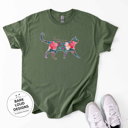 Blumiges Katzen T-Shirt personalisiert - mit Wunschtext