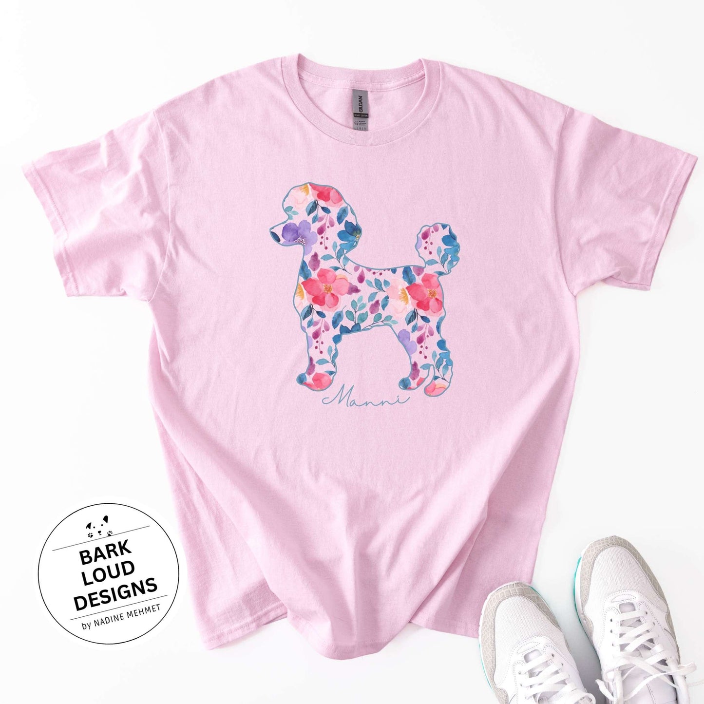 Blumiges Pudel T-Shirt personalisiert - mit Wunschtext