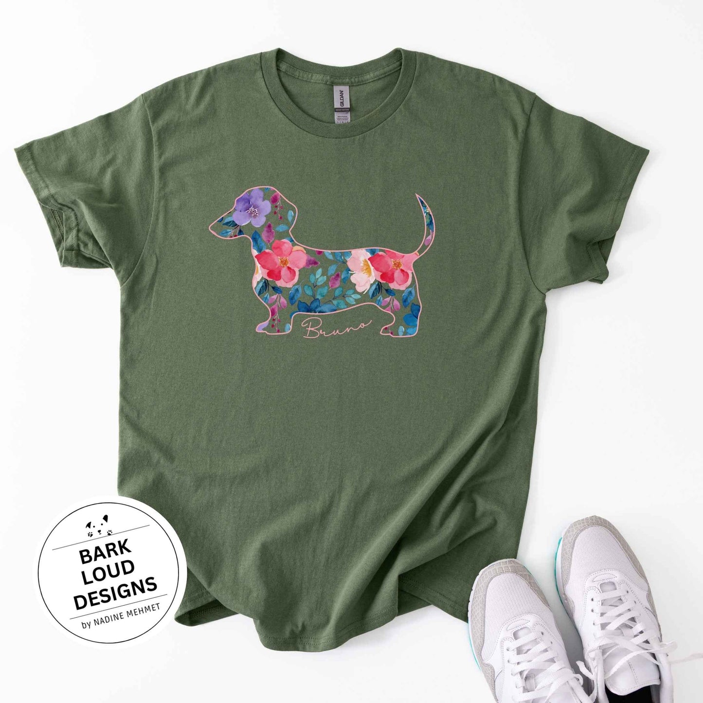 Blumiges Dackel T-Shirt personalisiert - mit Wunschtext