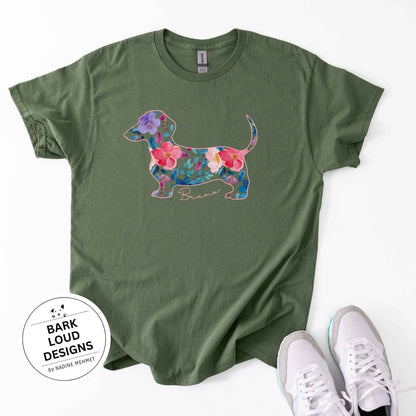 Blumiges Dackel T-Shirt personalisiert - mit Wunschtext