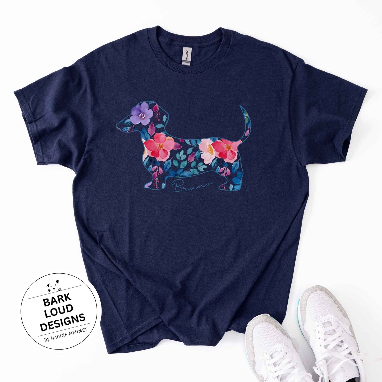 Blumiges Dackel T-Shirt personalisiert - mit Wunschtext