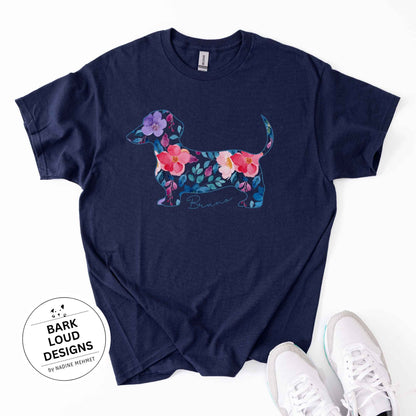 Blumiges Dackel T-Shirt personalisiert - mit Wunschtext