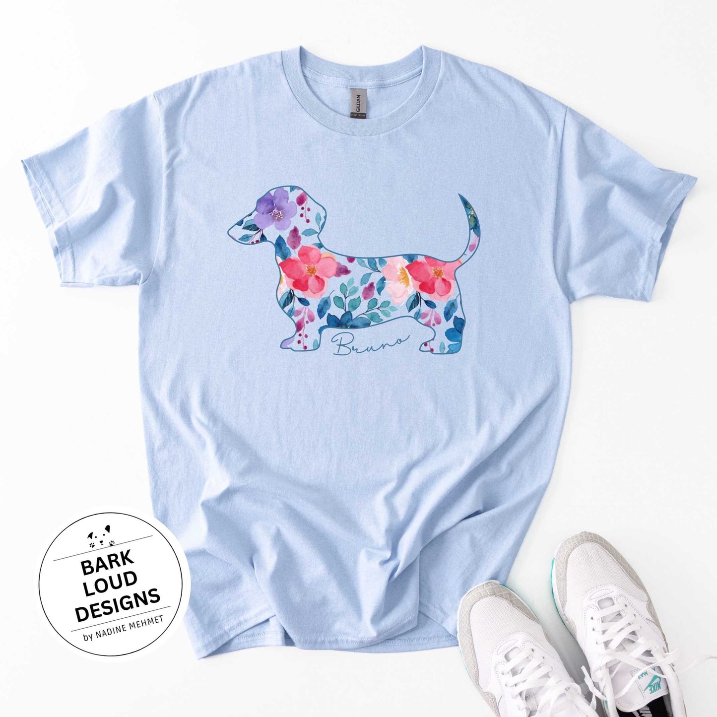 Blumiges Dackel T-Shirt personalisiert - mit Wunschtext