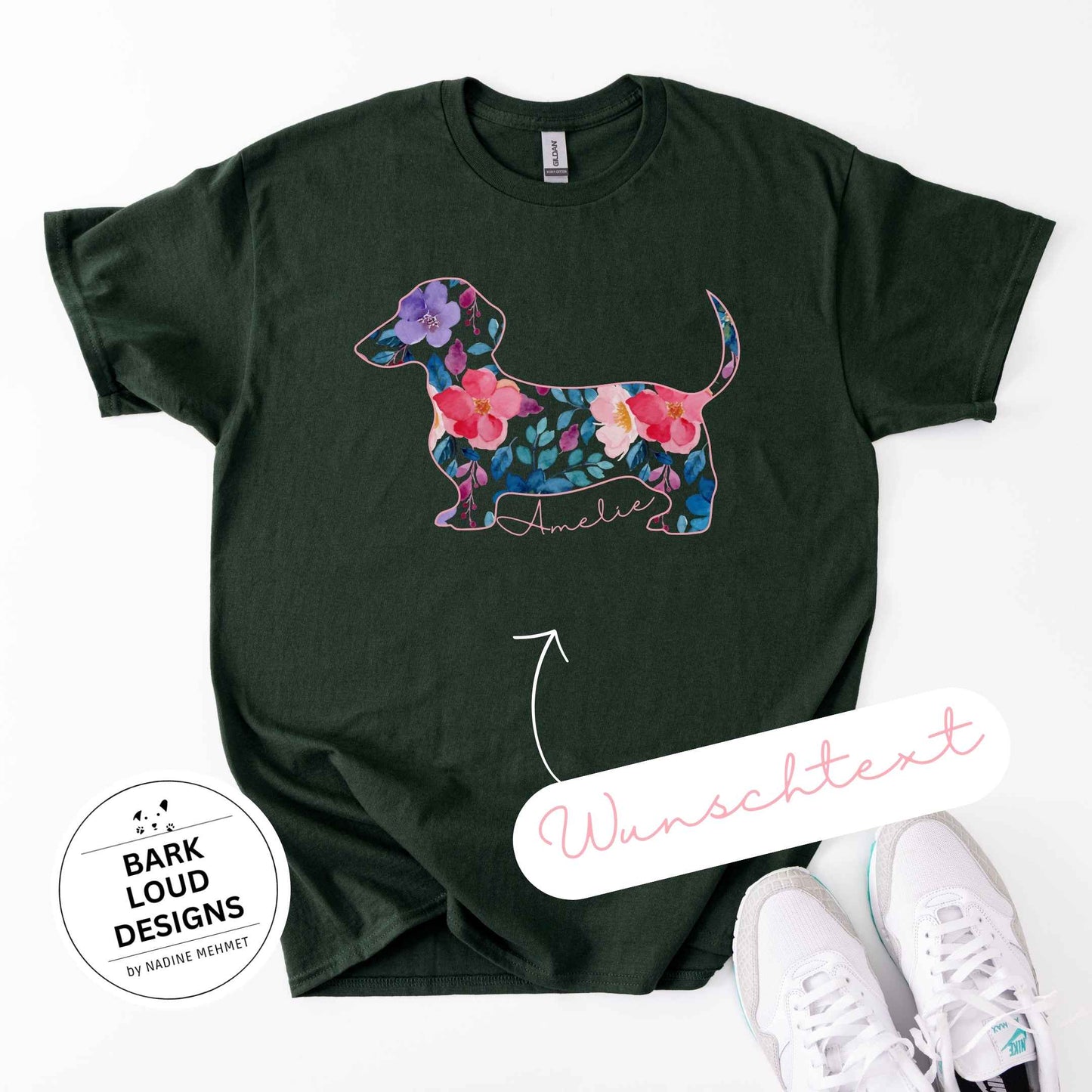Blumiges Dackel T-Shirt personalisiert - mit Wunschtext