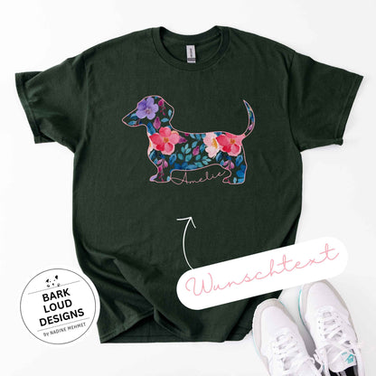 Blumiges Dackel T-Shirt personalisiert - mit Wunschtext