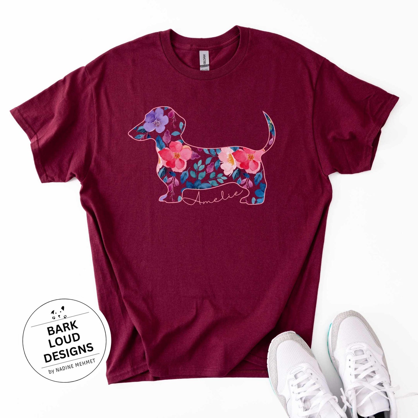 Blumiges Dackel T-Shirt personalisiert - mit Wunschtext