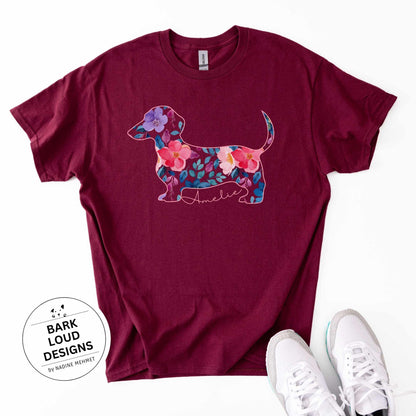 Blumiges Dackel T-Shirt personalisiert - mit Wunschtext