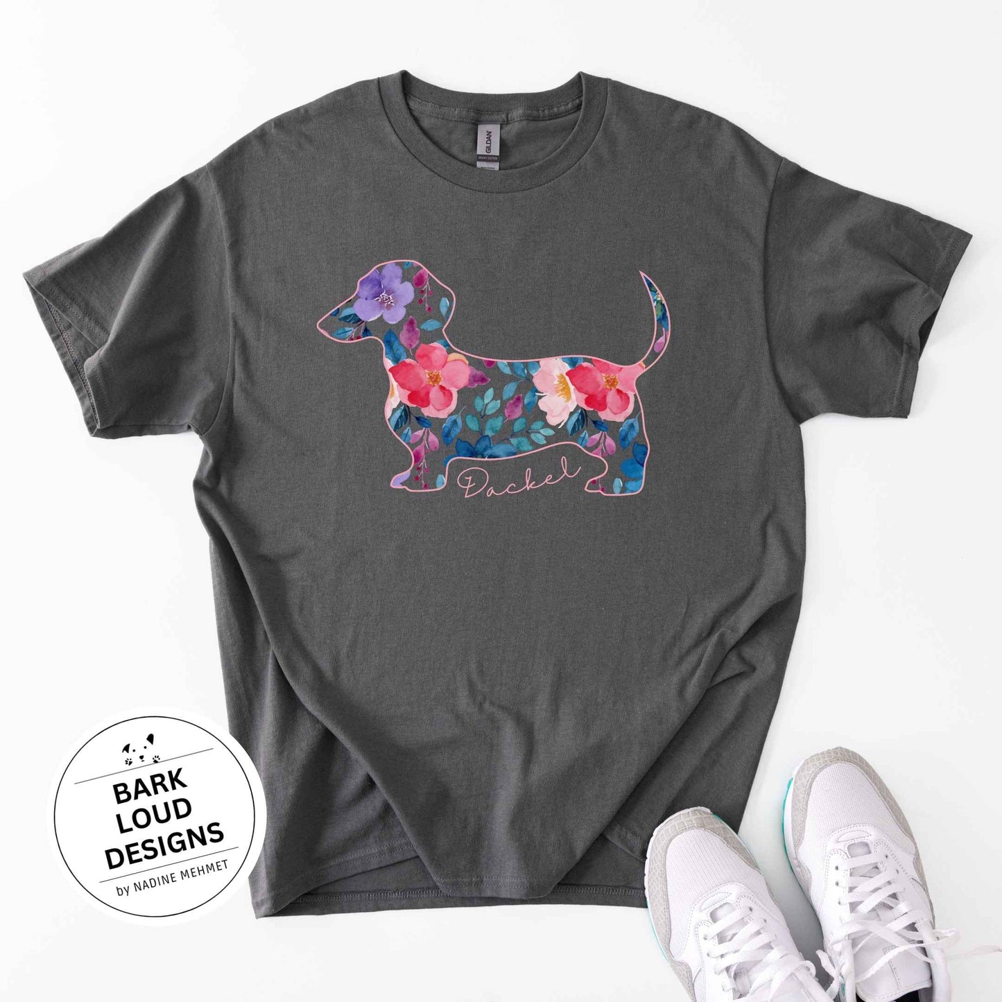 Blumiges Dackel T-Shirt personalisiert - mit Wunschtext