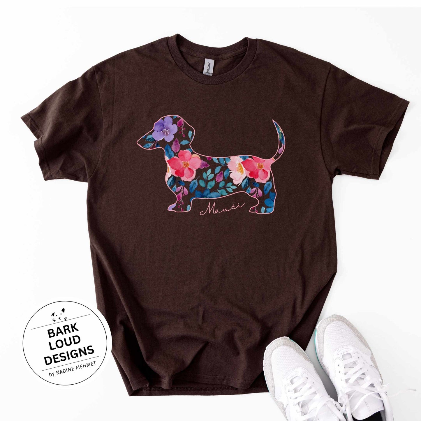 Blumiges Dackel T-Shirt personalisiert - mit Wunschtext