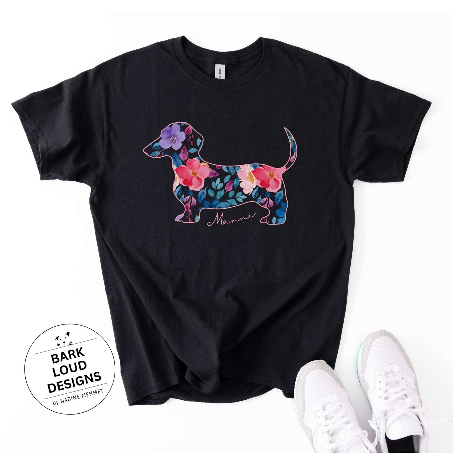Blumiges Dackel T-Shirt personalisiert - mit Wunschtext