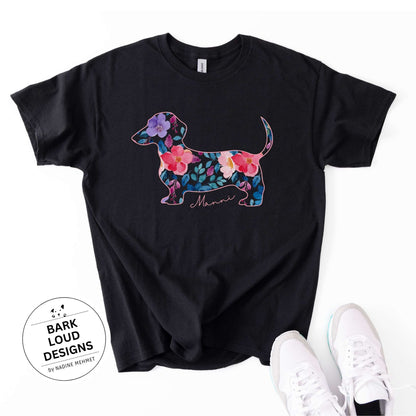 Blumiges Dackel T-Shirt personalisiert - mit Wunschtext