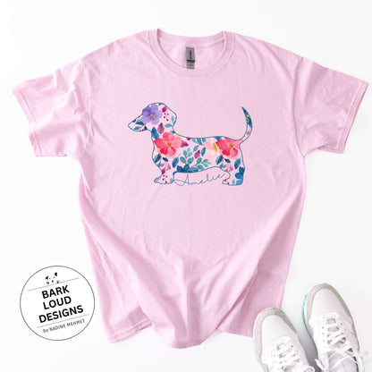 Blumiges Dackel T-Shirt personalisiert - mit Wunschtext