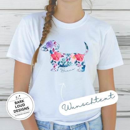 Blumiges Dackel T-Shirt personalisiert - mit Wunschtext