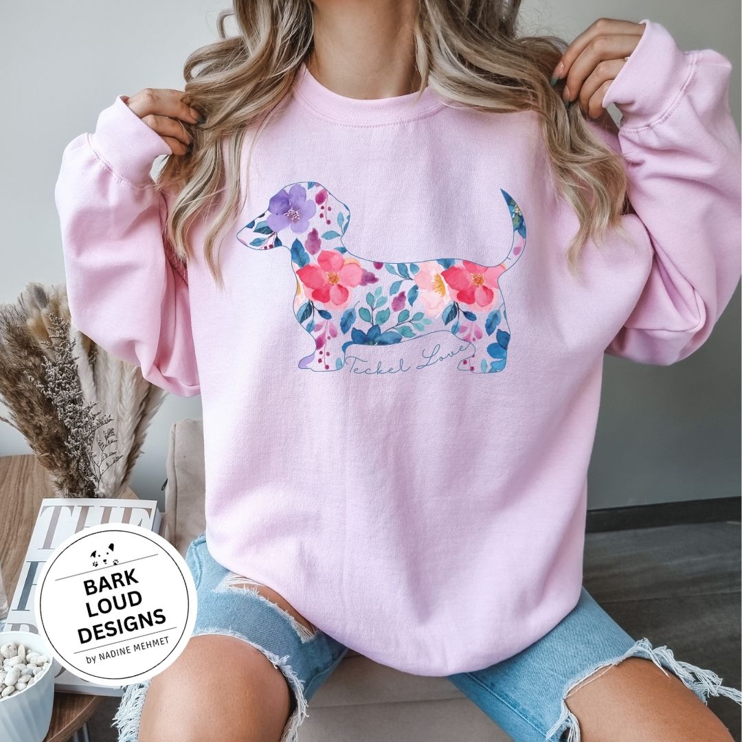 Blumiger Dackel Pullover personalisiert - mit Wunschtext