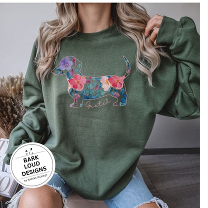 Blumiger Dackel Pullover personalisiert - mit Wunschtext