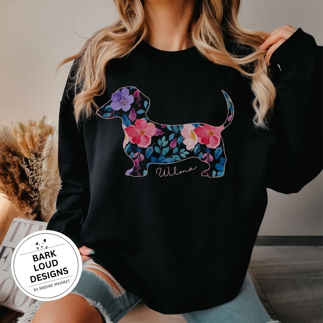 Blumiger Dackel Pullover personalisiert - mit Wunschtext