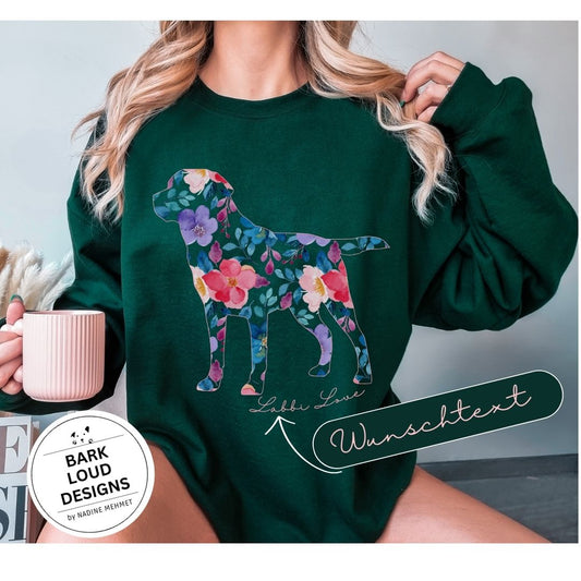 Blumiger Labrador Pullover personalisiert - mit Wunschtext