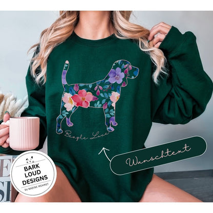 Blumiger Beagle Pullover personalisiert - mit Wunschtext