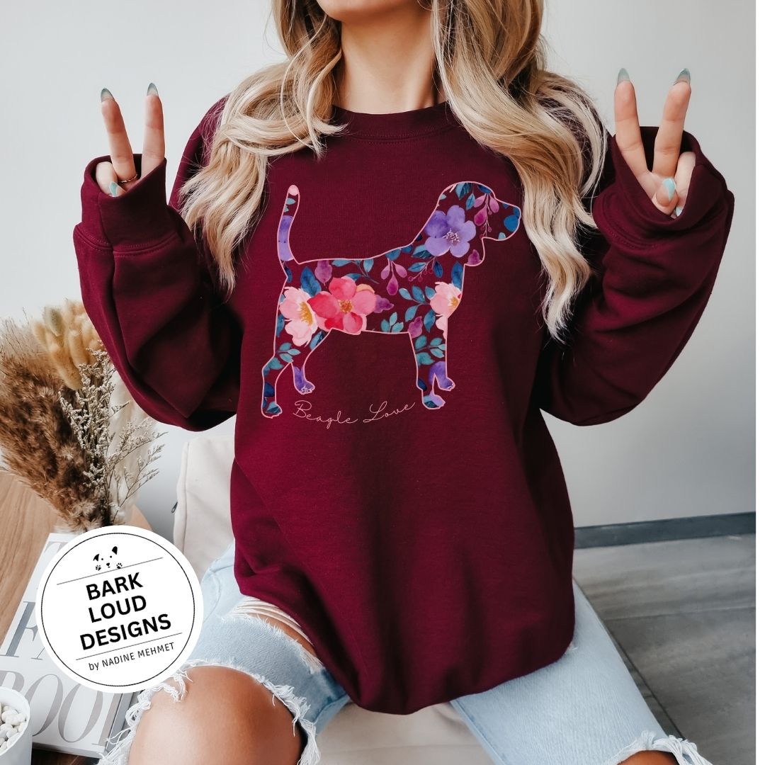 Blumiger Beagle Pullover personalisiert - mit Wunschtext