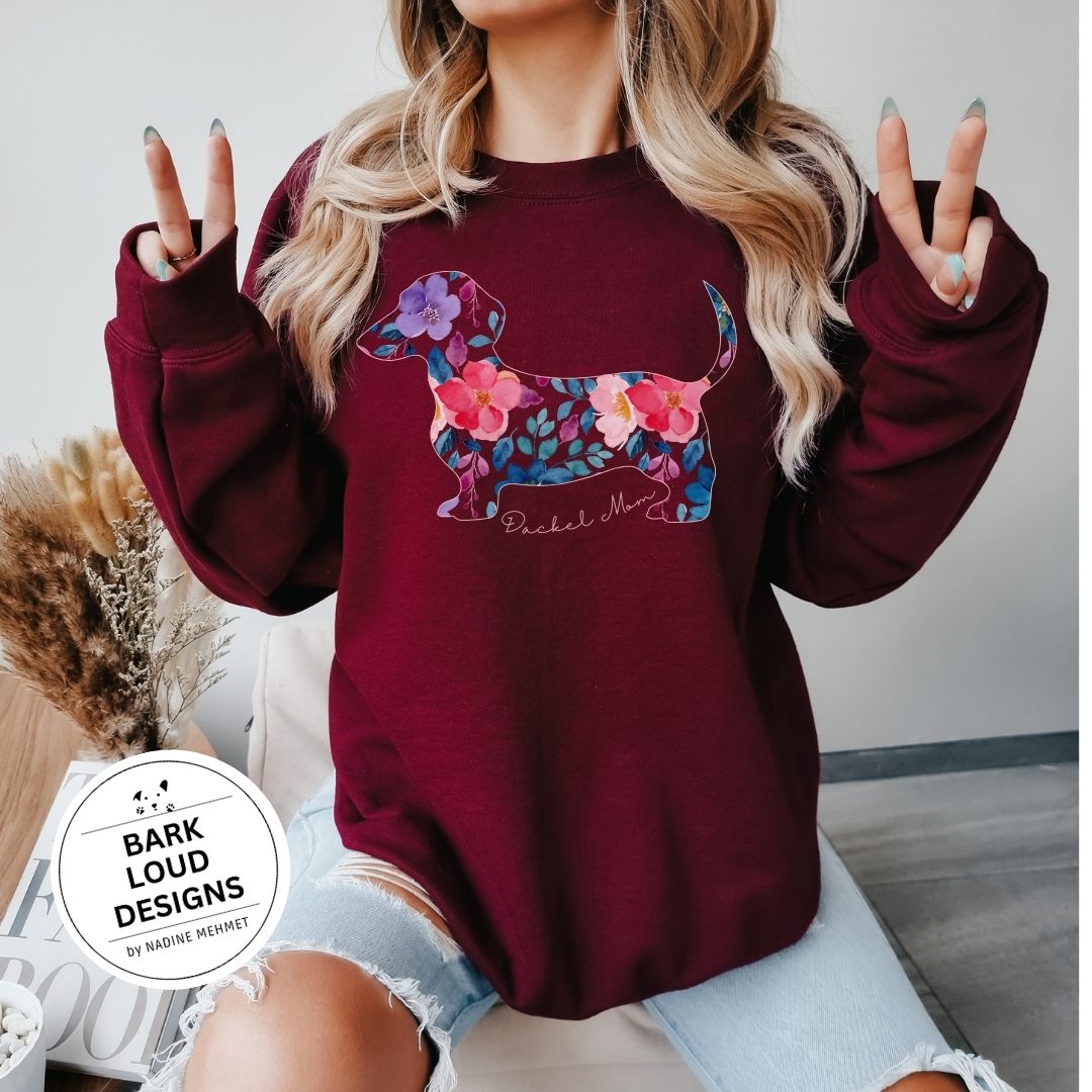 Blumiger Dackel Pullover personalisiert - mit Wunschtext