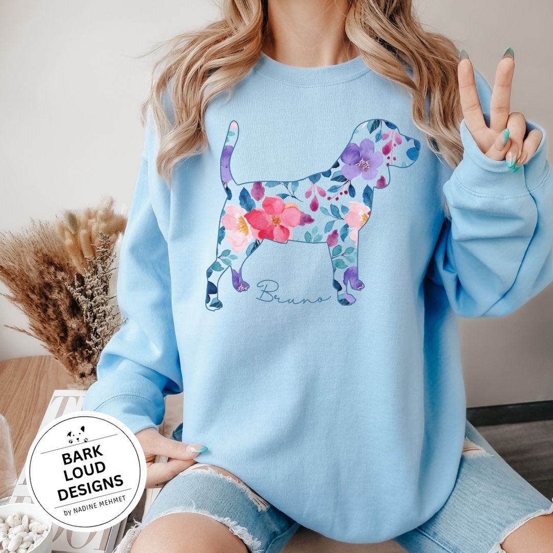 Blumiger Beagle Pullover personalisiert - mit Wunschtext