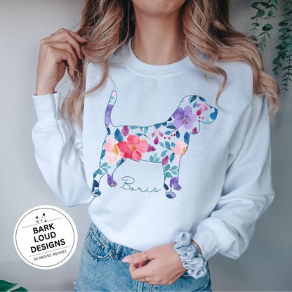 Blumiger Beagle Pullover personalisiert - mit Wunschtext
