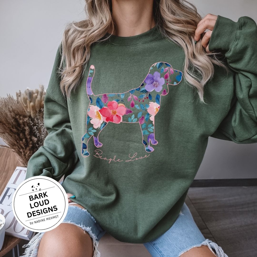Blumiger Beagle Pullover personalisiert - mit Wunschtext