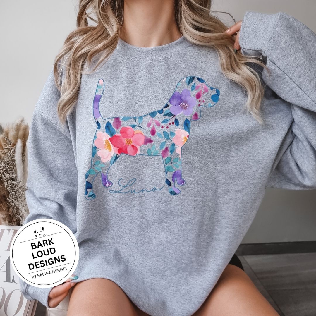 Blumiger Beagle Pullover personalisiert - mit Wunschtext