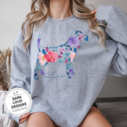 Blumiger Beagle Pullover personalisiert - mit Wunschtext