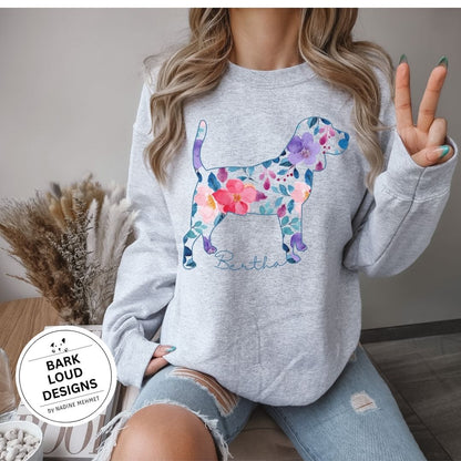 Blumiger Beagle Pullover personalisiert - mit Wunschtext