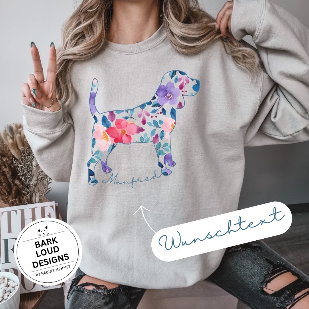 Blumiger Beagle Pullover personalisiert - mit Wunschtext